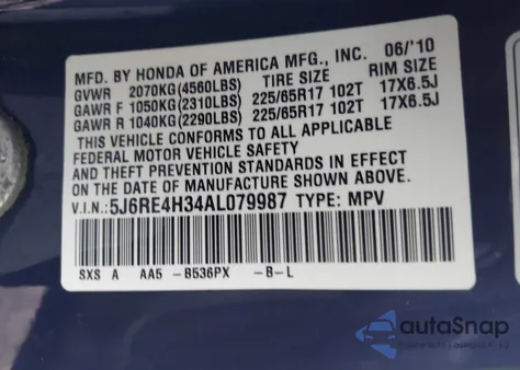 2010 Honda Cr-V Lx из США, поврежденный, VIN 5J6RE4H34AL079987